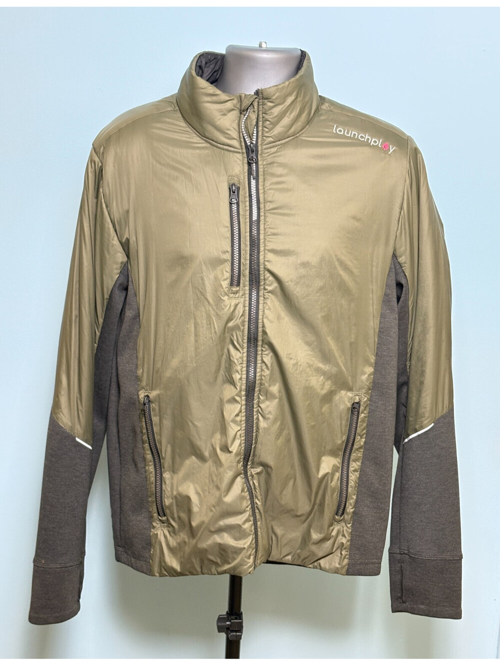 Elevate Mens L Hybrid Softshell Knit Full Zip Jacket Olive Green Thumbhole Cuffs